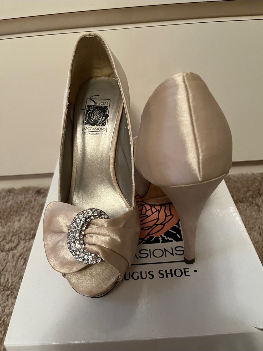 Special Occasions by Saugus Shoe Satin Peep-Toe Heels in Blush Champagne